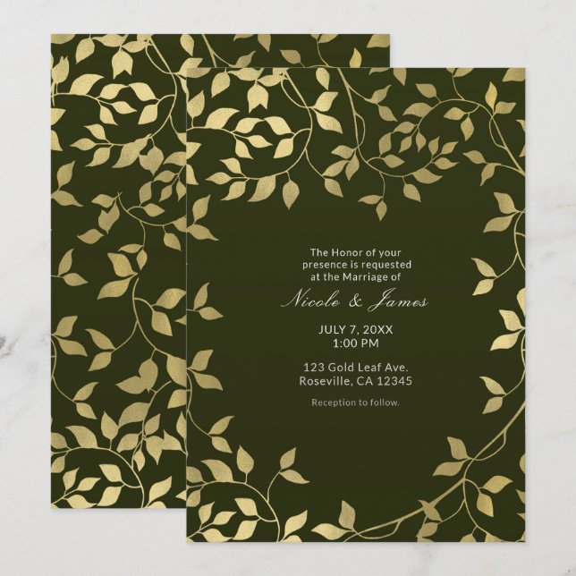 Green & Gold Faux Foil Botanical Leaves Wedding Invitation (Front/Back)