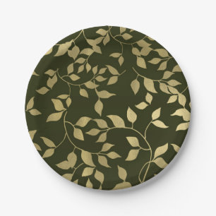 Green & Gold Faux Foil Botanical Leaves Wedding Paper Plate