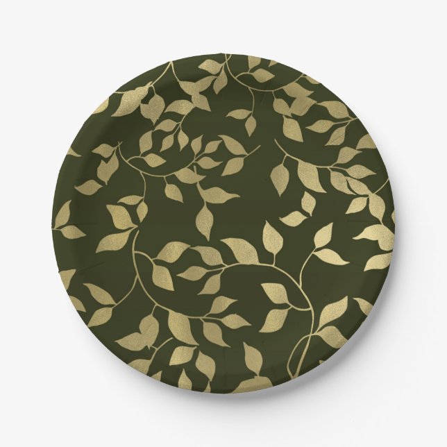 Green & Gold Faux Foil Botanical Leaves Wedding Paper Plate (Front)