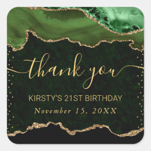 Green & Gold Faux Glitter Agate Marble Birthday Square Sticker