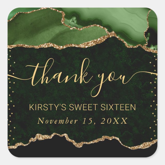 Green & Gold Faux Glitter Agate Marble Sweet 16 Square Sticker (Front)