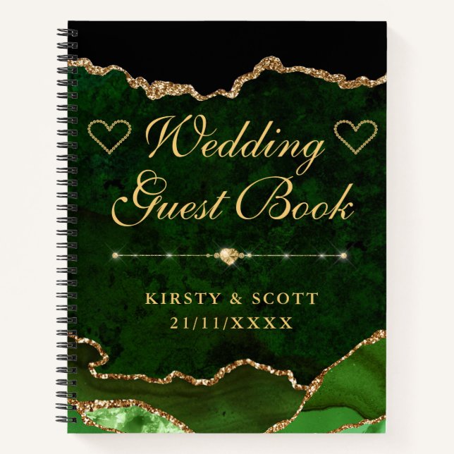 Green & Gold Faux Glitter Agate Wedding Guest Book (Front)