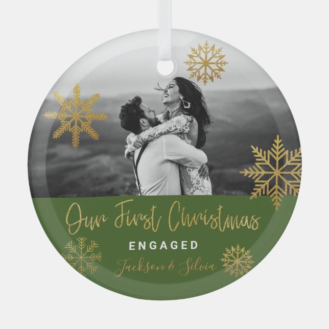 Green Gold First Christmas Engaged Glass Tree Decoration (Front)