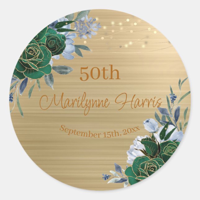 Green Gold Floral 50th Birthday Classic Round Sticker (Front)