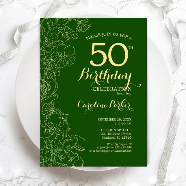 Green Gold Floral 50th Birthday Party Invitation (Creator Uploaded)