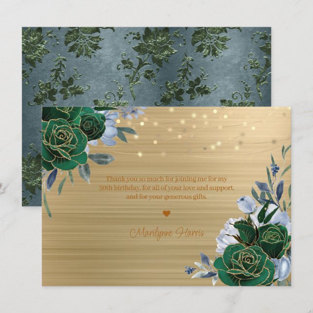 Green Gold Floral 50th Birthday Thank You Card (Front/Back)