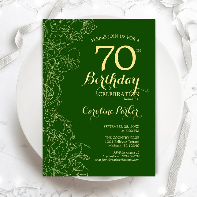 Green Gold Floral 70th Birthday Party Invitation (Creator Uploaded)