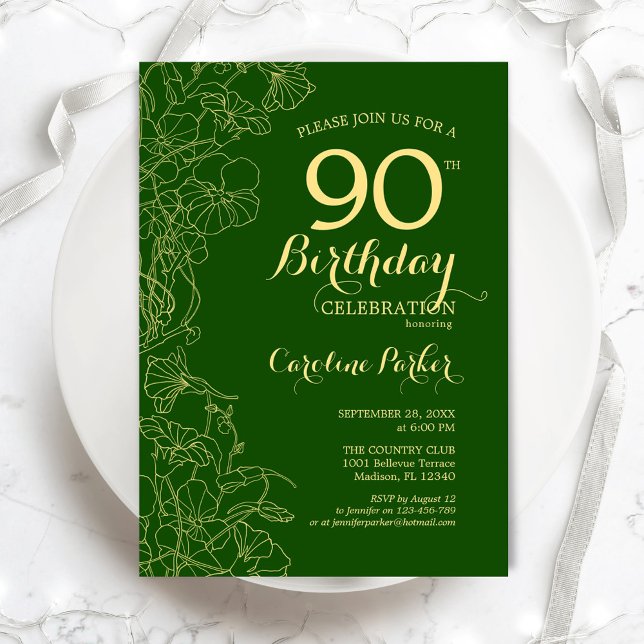 Green Gold Floral 90th Birthday Party Invitation (Creator Uploaded)