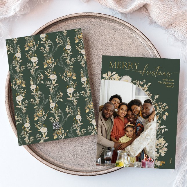 Green Gold Floral Arch 1 Photo Christmas Card (Creator Uploaded)