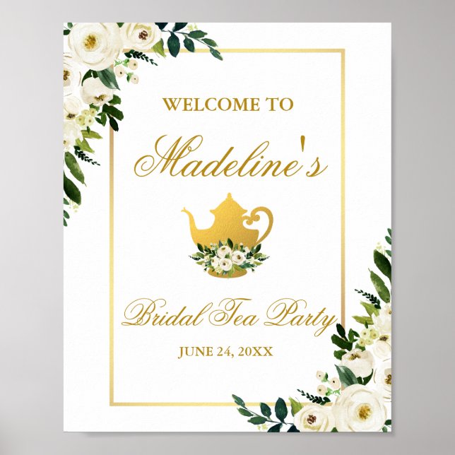 Green Gold Floral Bridal Shower Tea Party Welcome Poster (Front)