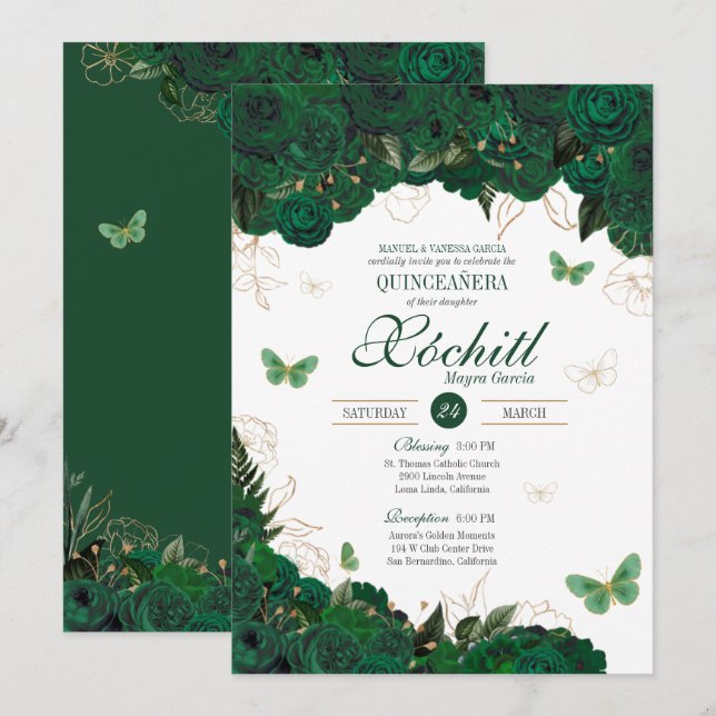 Green & Gold Floral Butterfly Elegant Quinceanera Invitation (Front/Back)
