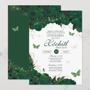 Green & Gold Floral Butterfly Elegant Quinceanera Invitation