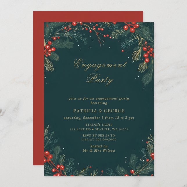 Green Gold Floral Christmas Engagement Party Invitation (Front/Back)