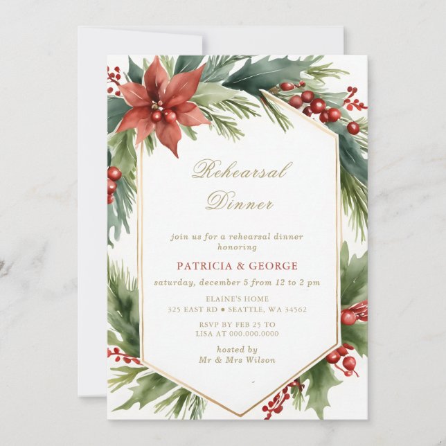 Green Gold Floral Christmas Rehearsal Dinner Invitation (Front)