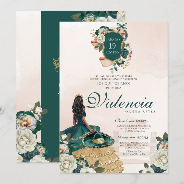 Green Gold Floral Crest Afrolatina Charro Quince  Invitation (Front/Back)