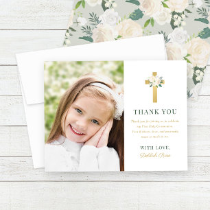 Green Gold Floral Cross First Communion Photo Thank You Card