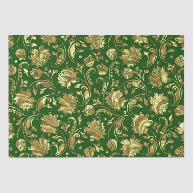 Green & Gold Floral Damasks Pattern Tissue Paper (Front)