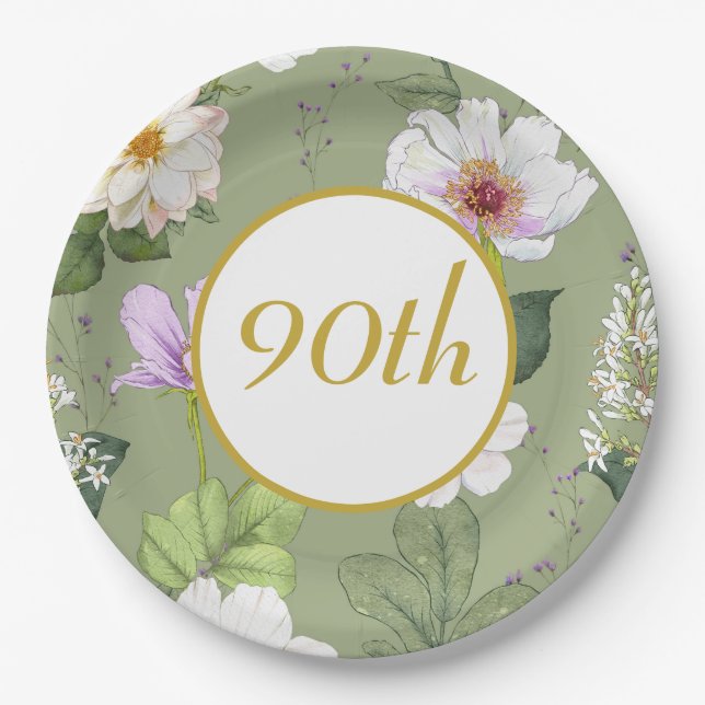  Green Gold Floral Elegant Modern Age Paper Plate (Front)