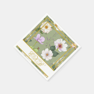 Green Gold Floral Elegant Modern Monogram Napkin