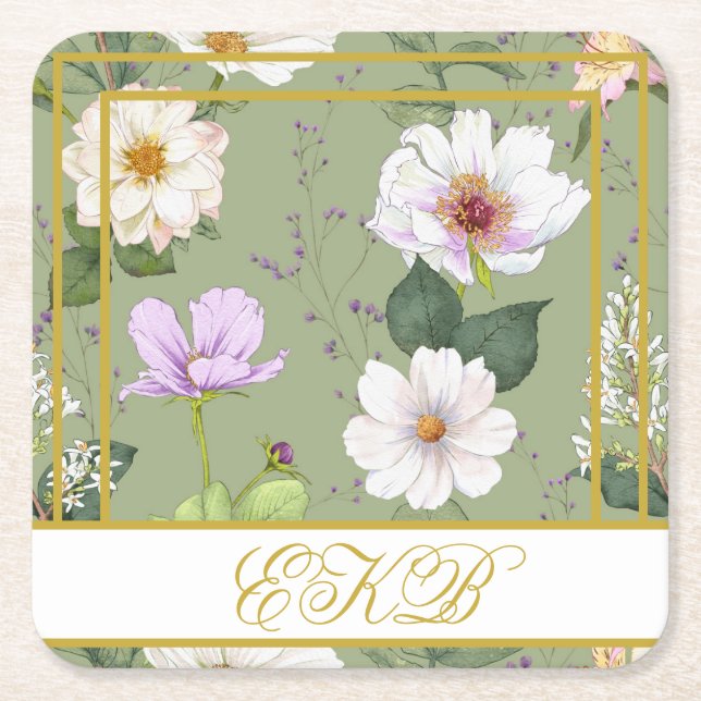  Green Gold Floral Elegant Modern Monogram Square Paper Coaster (Front)