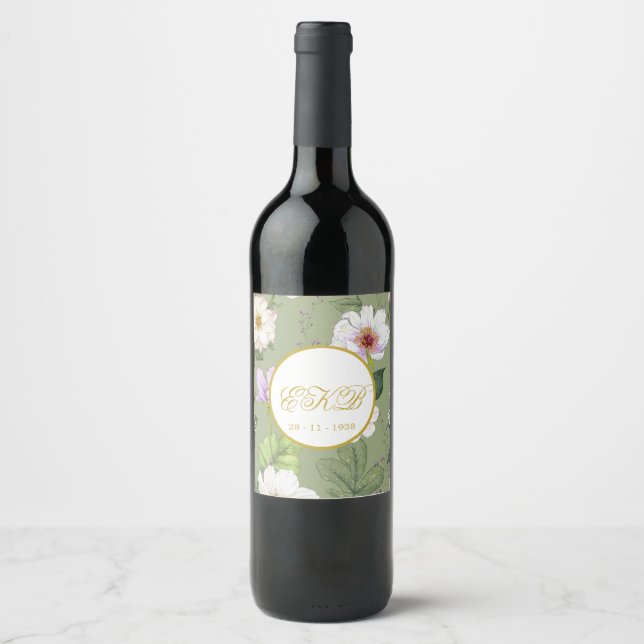  Green Gold Floral Elegant Modern Monogram Wine Label (Front)