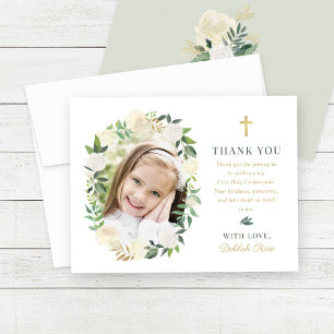 Green Gold Floral First Holy Communion Girl Photo Thank You Card