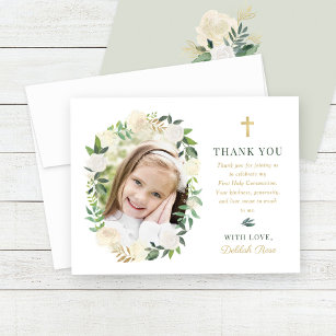 Green Gold Floral First Holy Communion Girl Photo  Thank You Card