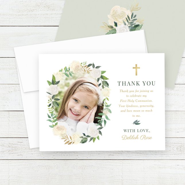 Green Gold Floral First Holy Communion Girl Photo  Thank You Card (Creator Uploaded)