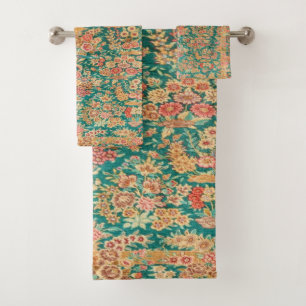 Green gold floral flower persian turkish pattern  bath towel set