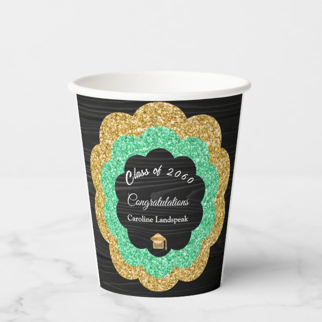 Green Gold Floral Graduation Party Paper Cups (Front)