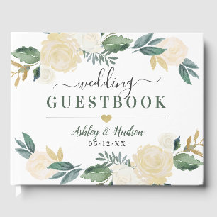 Green Gold Floral Greenery Wedding Monogram Guest Book