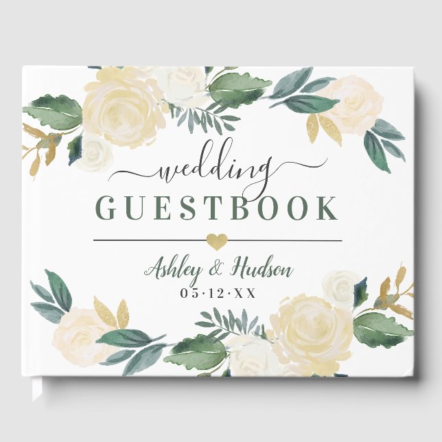Green Gold Floral Greenery Wedding Monogram Guest Book (Front)
