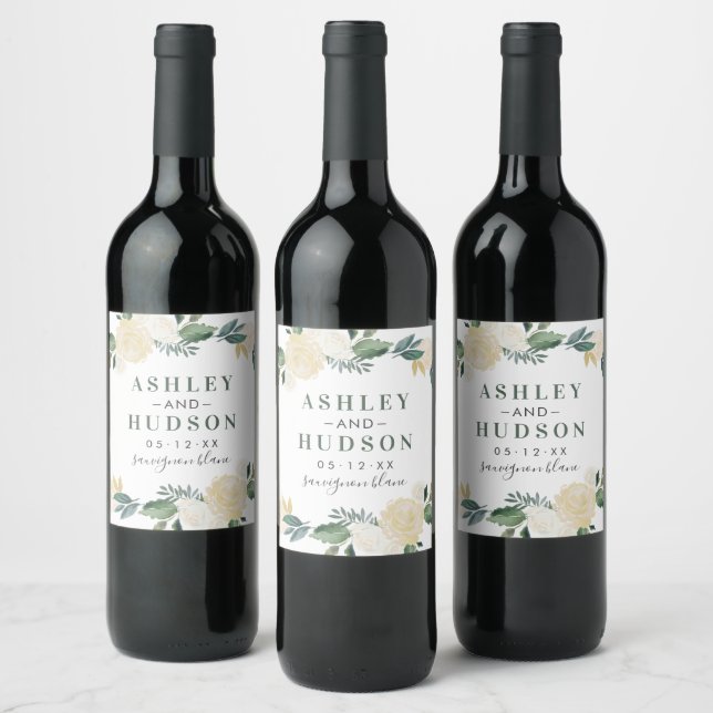 Green Gold Floral Greenery Wedding Monogram Wine Label (Bottles)