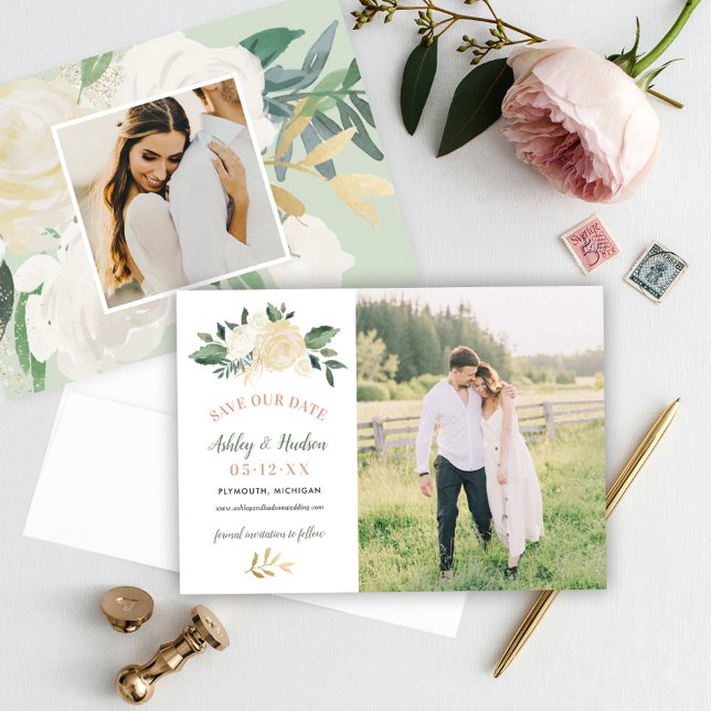Green Gold Floral Greenery Wedding Photo Save The Date (Creator Uploaded)
