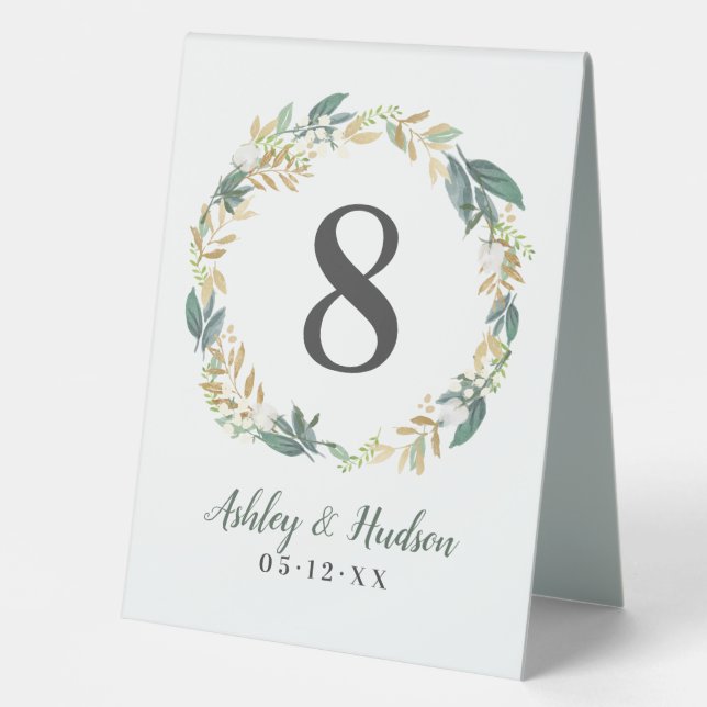 Green Gold Floral Greenery Wreath Wedding Number (Front)