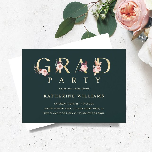 Green Gold Floral Letter Graduation Party Photo Invitation (Creator Uploaded)