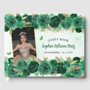 Green Gold Floral Princess Quinceañera Photo Guest Book