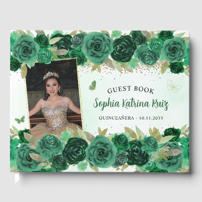 Green Gold Floral Princess Quinceañera Photo Guest Book (Front)