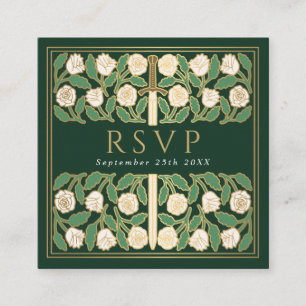 Green Gold Floral Royal Wedding RSVP QR Code Enclosure Card