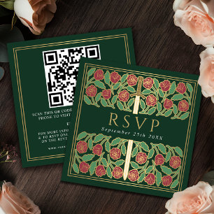 Green Gold Floral Royal Wedding RSVP QR Code Enclosure Card