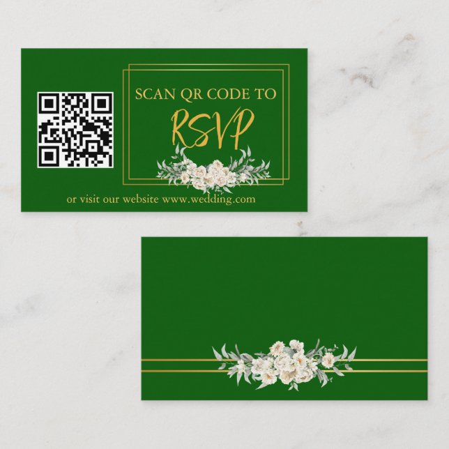 Green Gold Floral RSVP QR Code Wedding Website Enclosure Card (Front/Back)
