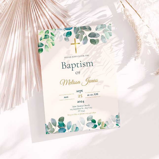 Green Gold Floral Rustic Christening Baptism Invitation (Creator Uploaded)