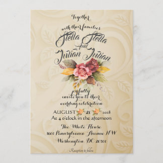 Green Gold Floral Rustic Elegant White Wedding Invitation