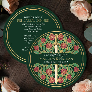 Green Gold Floral Sword Royal Wedding Rehearsal  Invitation