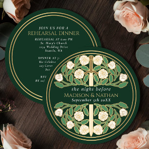 Green Gold Floral Sword Royal Wedding Rehearsal Invitation
