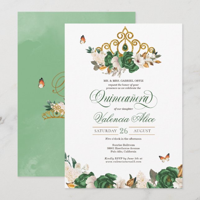 Green & Gold Floral Tiara Butterfly Quinceañera Invitation (Front/Back)
