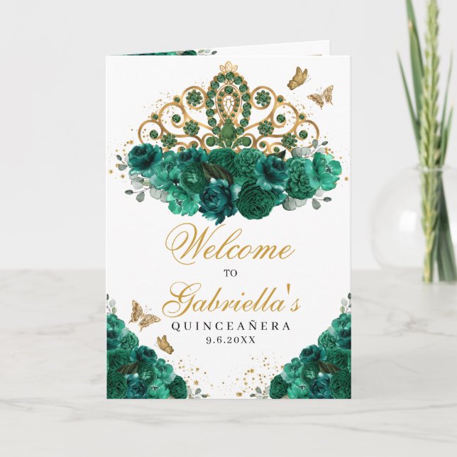 Green & Gold Floral Tiara Quinceanera Program Invitation (Front)