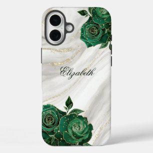 Green Gold Floral White Marble iPhone 16 Plus Case