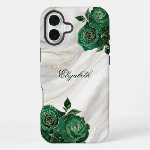 Green Gold Floral White Marble iPhone 16 Plus Case