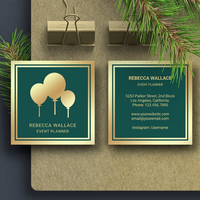 Green Gold Foil Balloons Party Event Planner Square Business Card (Creator Uploaded)